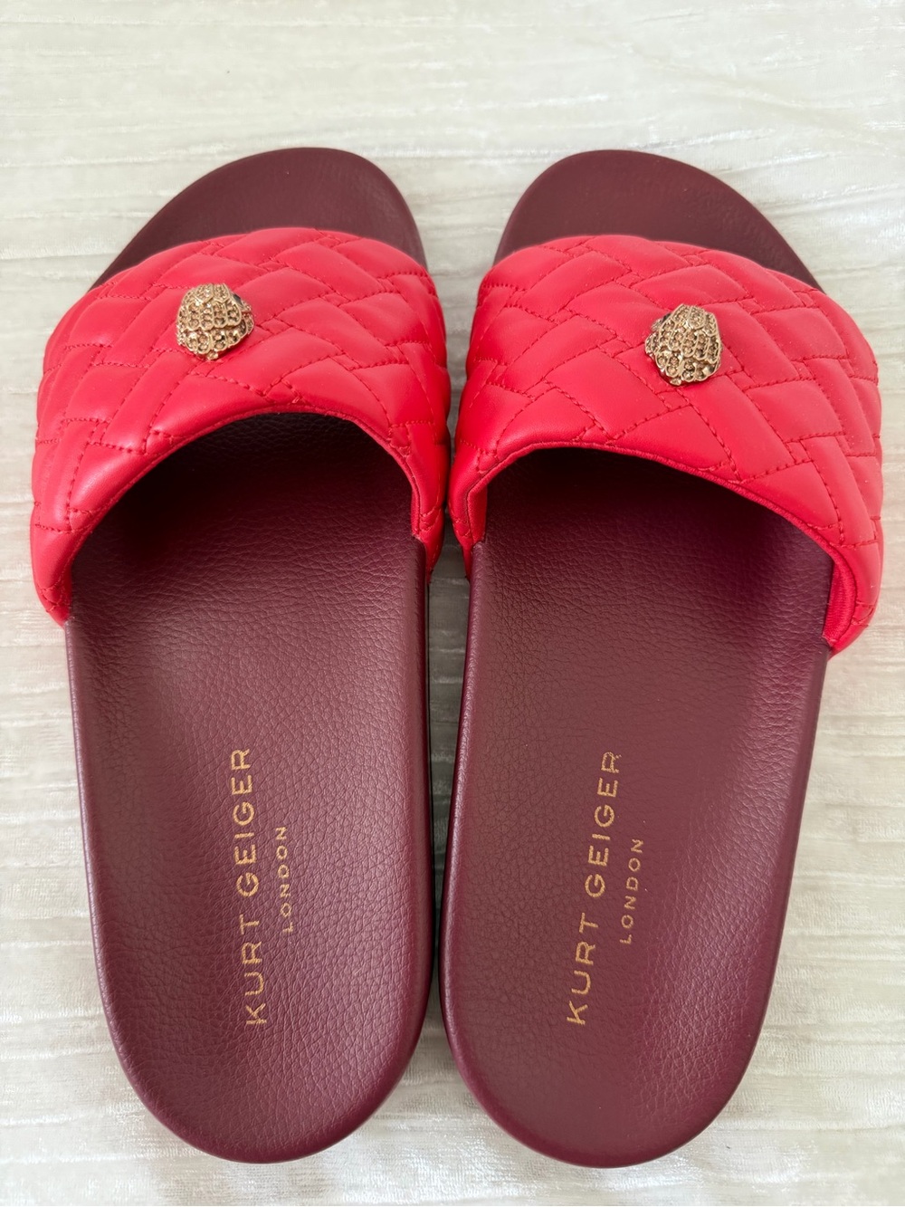 Kurt Geiger Quilted Red Slide Sandals with Gold Emblem